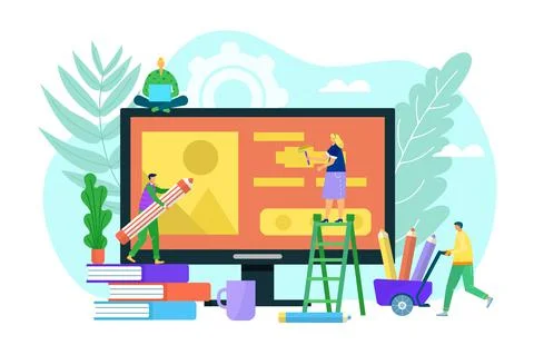 Graphic designer, vector illustration. Creative design work at computer screen Stock Illustration