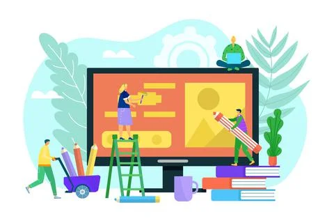 Graphic designer, vector illustration. Creative design work at computer screen Illustrazione stock