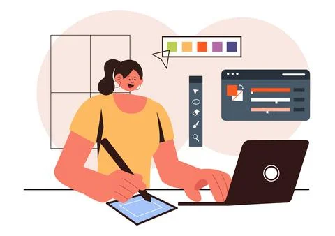 Graphic Designer Vector Illustration Featuring Creativity and Business with.. Stock Illustration