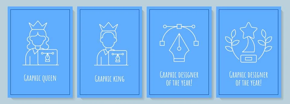 Graphic designer vocation postcards with linear glyph icon set Stock Illustration