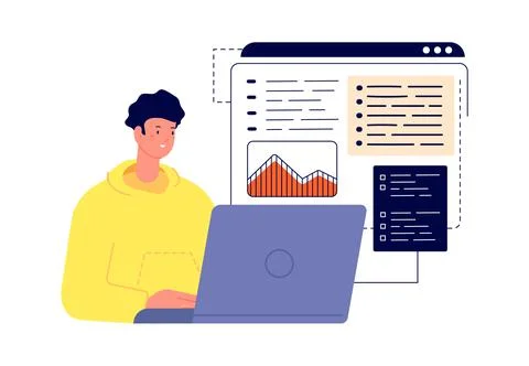 Graphic designer at work. Man working laptop, student coding. Programmer, web Stockillustratie