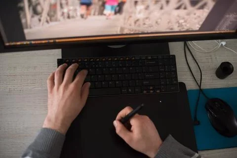 Graphic designer at work top view Young graphic designer working on a digi... Stock Photos
