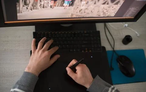 Graphic designer at work top view Young graphic designer working on a digi... Stock Photos