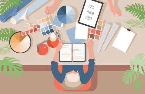 Graphic designer at work vector flat illustration. Designer at workplace with Stock Illustration