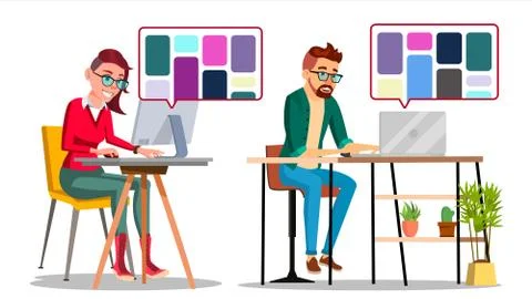 Graphic Designer At Work Vector. Man, Woman Searching For References On Popular Stock Illustration