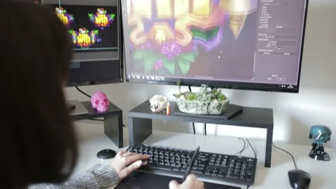 Graphic designer working on digitizer at her desk in creative office Video stock 144557923