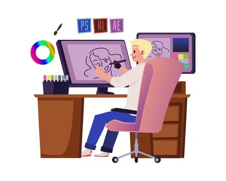 Graphic designer working on project, flat vector illustration isolated on whi 库存插图