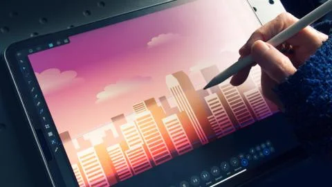Graphic designer working on a vector city illustration. Stock Photos