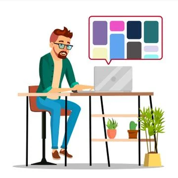 Graphic Designer Working Vector. Man Searching For References On Popular Stock Illustration