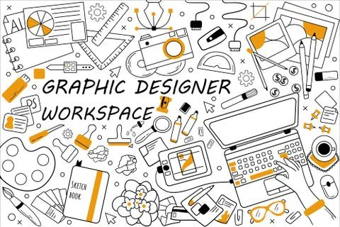 Graphic designer workspace doodle set 库存插图