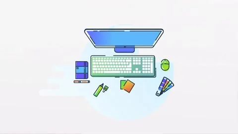 Graphic Designer Workstation Computer with Mouse and Keyboard 2D Illustration Vidéo 276649710