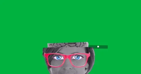 Graphic designers viewing halftone head revealing brain with red glasses on Stock Footage 317669573