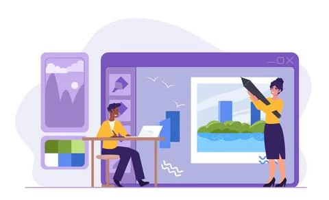 Graphic designers working on illustration. Vector illustration Stock Illustration