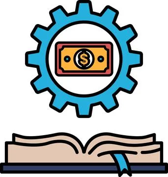 A graphic of a dollar sign on a gear with a book in the background Stock Illustration