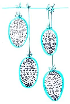 Graphic drawing easter eggs with drawings hanging on strings Stock Illustration