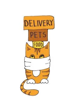 A graphic drawing of a striped ginger cat in a medical mask sits with boxes o Illustrazione stock
