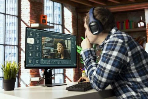 Graphic editor at workstation arranging interface elements in PC software Stock Photos