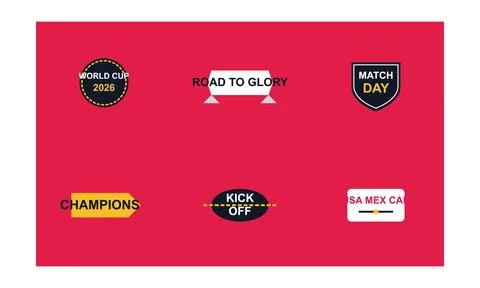 Graphic elements and badges for the 2026 world cup soccer tournament on red.. Illustrazione stock