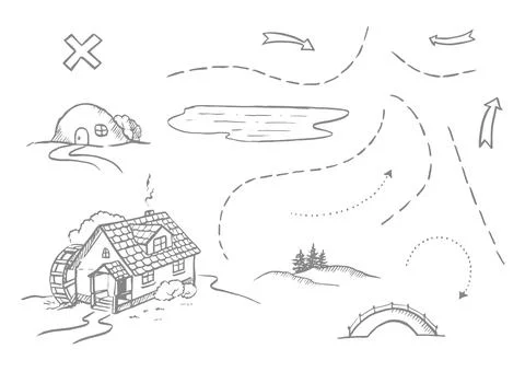 Graphic elements for the design of a treasure map, line drawing, house, arrows Stock Illustration