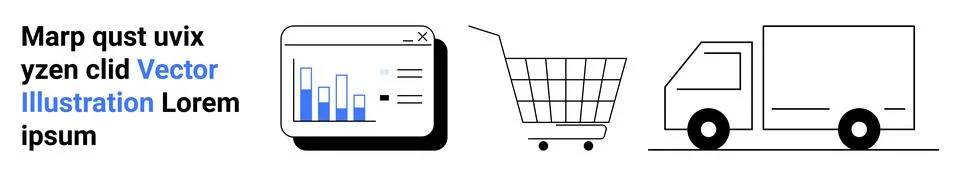 Graphic elements featuring a bar-chart analytics on a tablet, a shopping cart Illustrazione stock