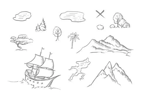 Graphic elements for treasure map design, line drawing, ship, mountains Stock Illustration