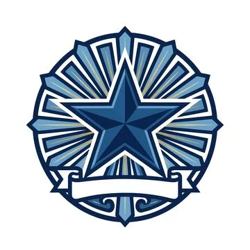 Graphic Emblem Featuring a Navy Blue Star with a Decorative Banner and Sunbur 스톡 일러스트
