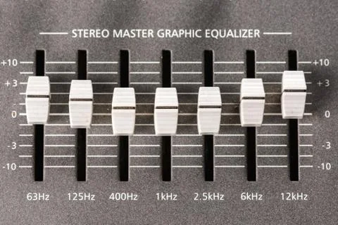 Graphic equalizer on the mixing console closeup macro. Stock Photos