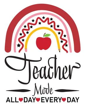 A graphic features a rainbow with stars, an apple icon, and the text Teacher  Stock Illustration