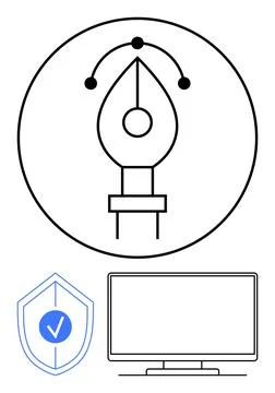 Graphic featuring a digital pen tool icon in a circle, a checkmark inside a s Stock Illustration