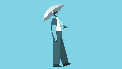 Graphic Flat Design Bold Man Cartoon Character Walking Under Umbrella Isolated 스톡 동영상 145200210