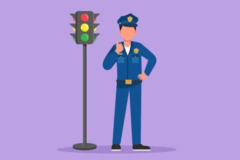 Graphic flat design drawing active policeman standing near traffic light wi.. Ilustración de archivo