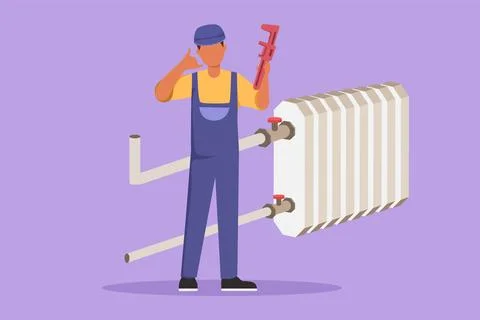 Graphic flat design drawing active male plumber stands with call me gesture.. Stock Illustration