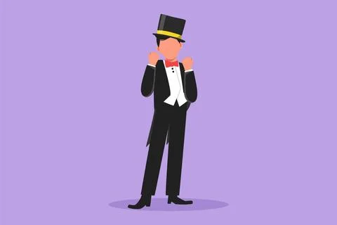 Graphic flat design drawing active male magician standing in suit with cele.. Stock Illustration