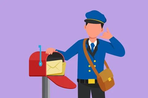 Graphic flat design drawing active postman holding envelope on mail box wit.. Stock-Illustration