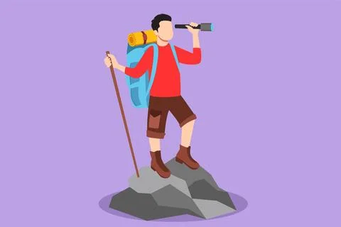 Graphic flat design drawing of active man trekking on mountain. Young male .. Stock Illustration