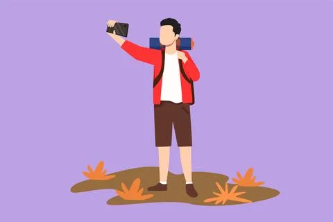 Graphic flat design drawing active man making selfie with smartphone. Trave.. Stock Illustration