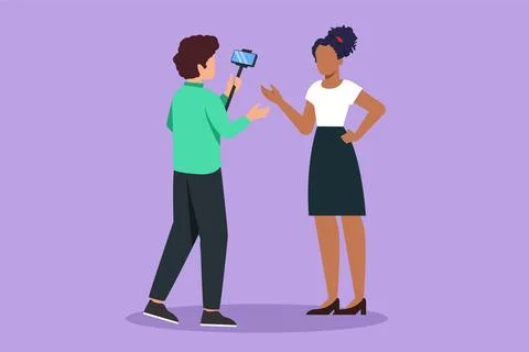 Graphic flat design drawing active pretty girl makes video blog with camera.. Stock Illustration