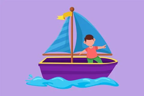 Graphic flat design drawing adorable little boy in sailboat at beach. Happy.. Ilustración de archivo
