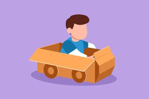 Graphic flat design drawing adorable little boy driving cardboard car. Happ.. 스톡 일러스트