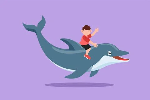 Graphic flat design drawing adorable little boy riding dolphin. Brave kids .. Stock Illustration