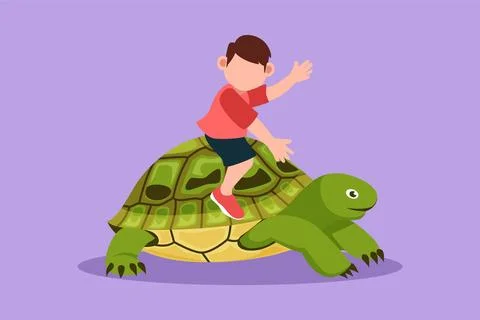 Graphic flat design drawing adorable little boy riding sea turtle. Happy ch.. Stock Illustration