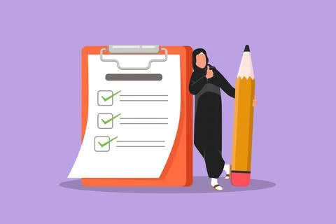 Graphic flat design drawing Arab businesswoman holding huge pencil and lean.. Stock Illustration