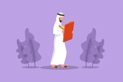 Graphic flat design drawing Arab businessman standing and writing with clip.. Stock Illustration