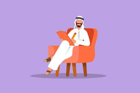 Graphic flat design drawing Arab businessman writing on clipboard. Male exe.. Stockillustratie