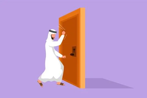 Graphic flat design drawing Arab businessman knocking at door. Worker stand.. Stockillustratie
