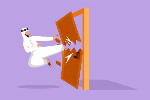 Graphic flat design drawing Arab businessman kicks the door with flying kic.. Ilustración de archivo