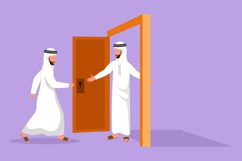 Graphic flat design drawing Arab businessman at the door welcomes his frien.. Stock Illustration