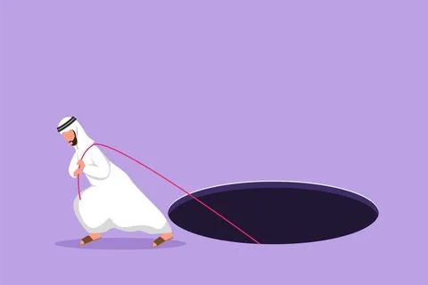 Graphic flat design drawing Arab businessman trying hard pulling rope to dr.. Stock Illustration