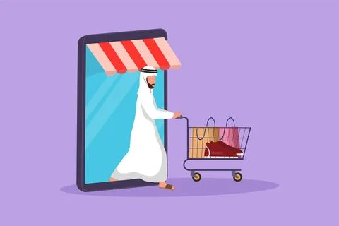 Graphic flat design drawing Arab young man coming out of canopy smartphone .. Ilustración de archivo