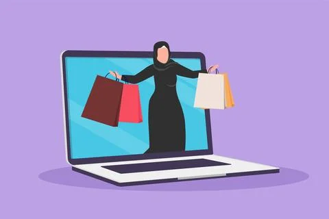 Graphic flat design drawing Arab woman coming out of laptop computer screen.. Stock Illustration